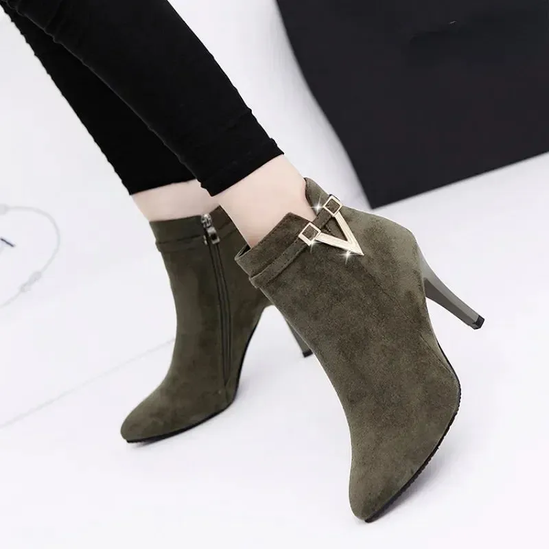 Woman Sexy Ankle Leather Zipper Boot,Pointed High Heels Toe