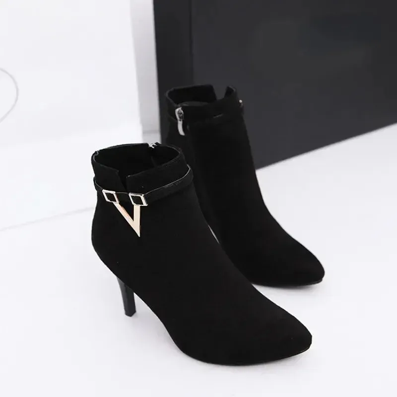 Woman Sexy Ankle Leather Zipper Boot,Pointed High Heels Toe