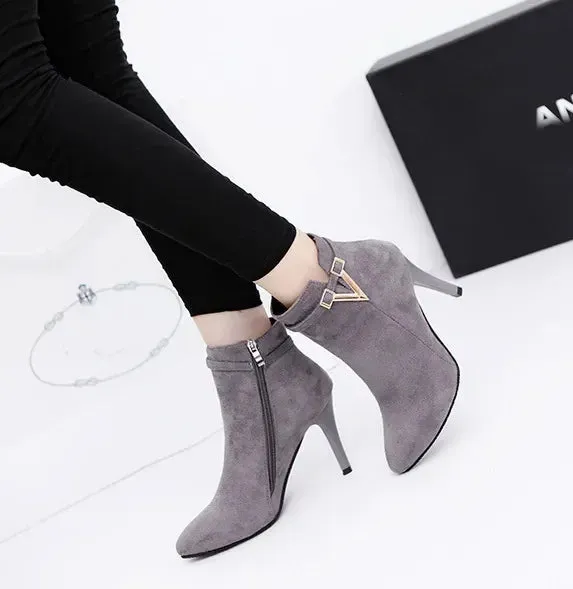 Woman Sexy Ankle Leather Zipper Boot,Pointed High Heels Toe