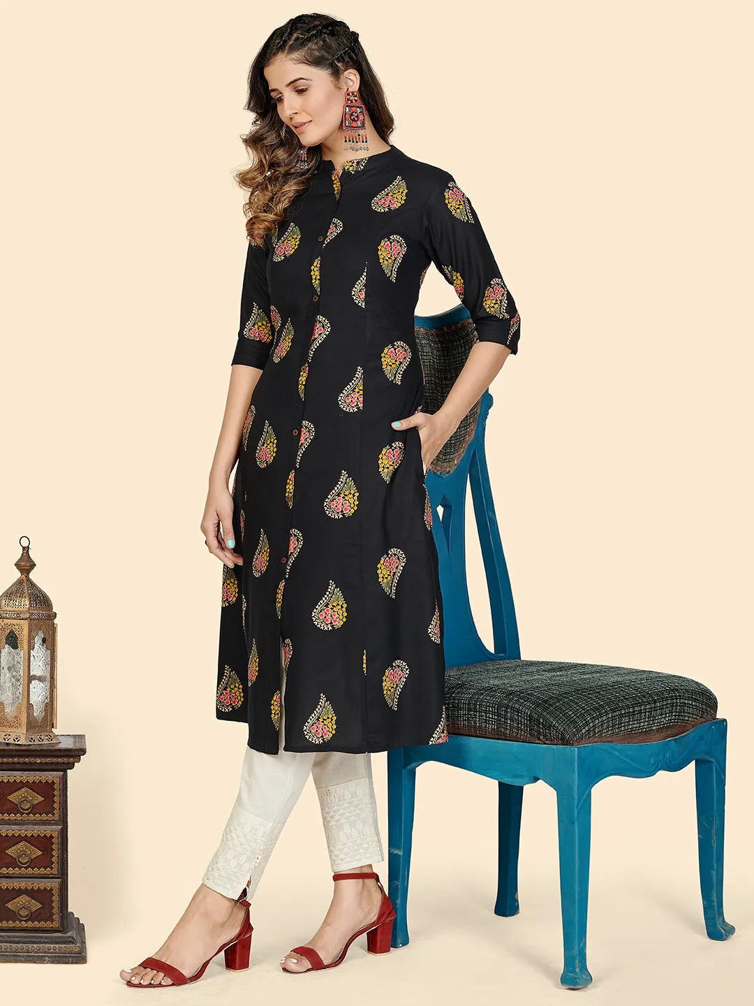 Women'S Block Print A-Line Rayon Black Stitched Kurta