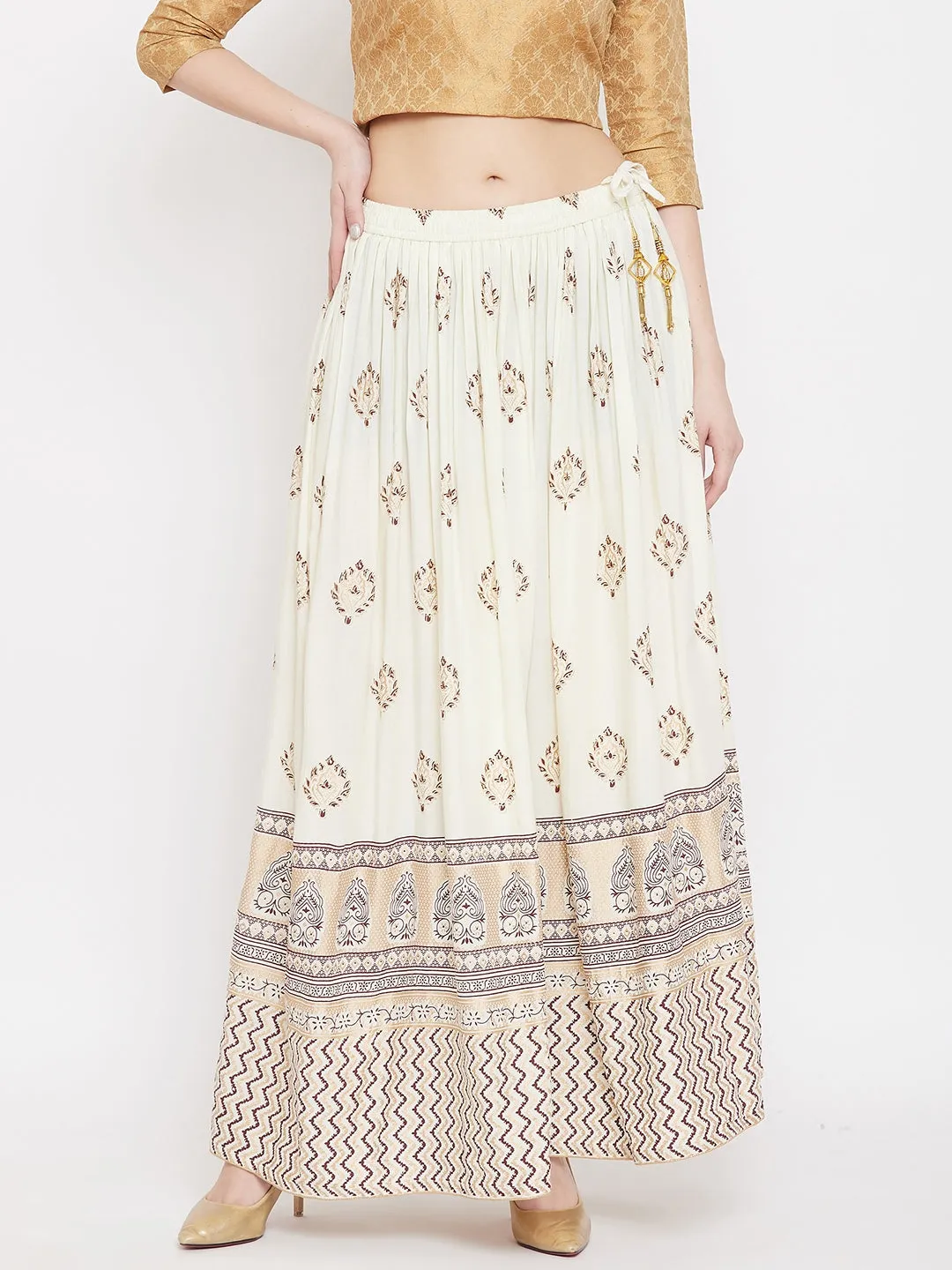 Women'S Cream Flared Printed Maxi Skirt