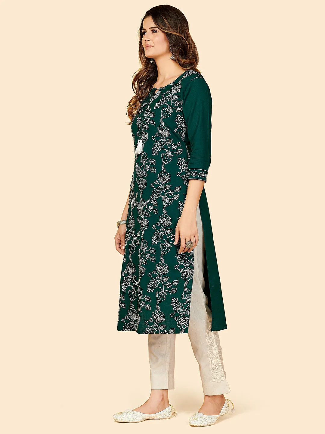 Women'S Embroidered & Sequience Work Straight Cotton Dark Green Stitched Kurta