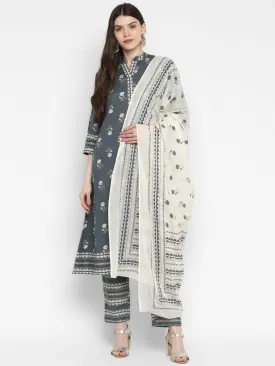 Women'S Floral Print & Embroidered A-Line Cotton Grey Kurta Pant With Dupatta (3Pcs Set)