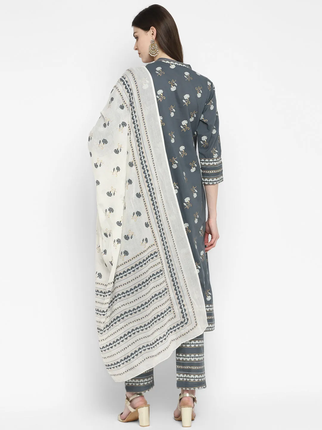 Women'S Floral Print & Embroidered A-Line Cotton Grey Kurta Pant With Dupatta (3Pcs Set)