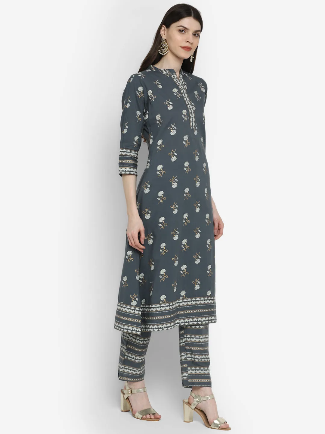 Women'S Floral Print & Embroidered A-Line Cotton Grey Kurta Pant With Dupatta (3Pcs Set)