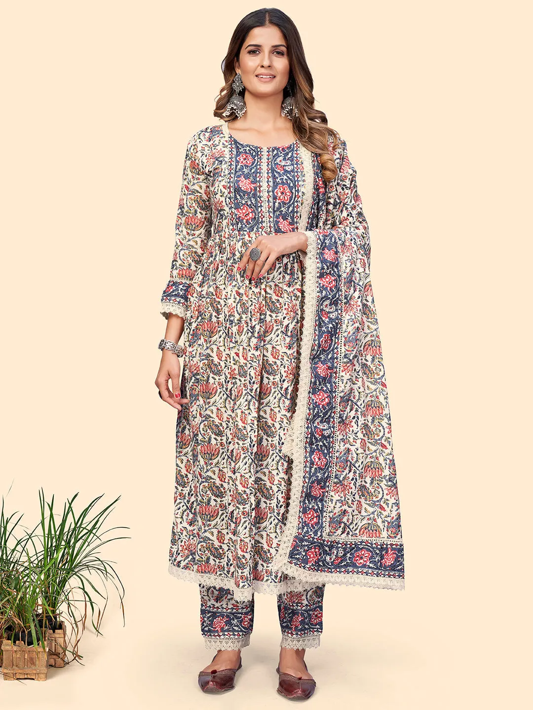 Women'S Floral Print Straight Cotton Beige Stitched Kurta Pant With Dupatta