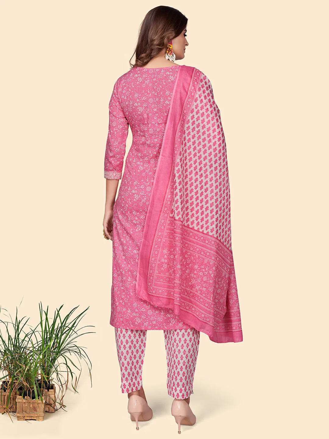 Women'S Print & Embroidered Straight Cotton Pink Stitched Kurta Pant With Dupatta