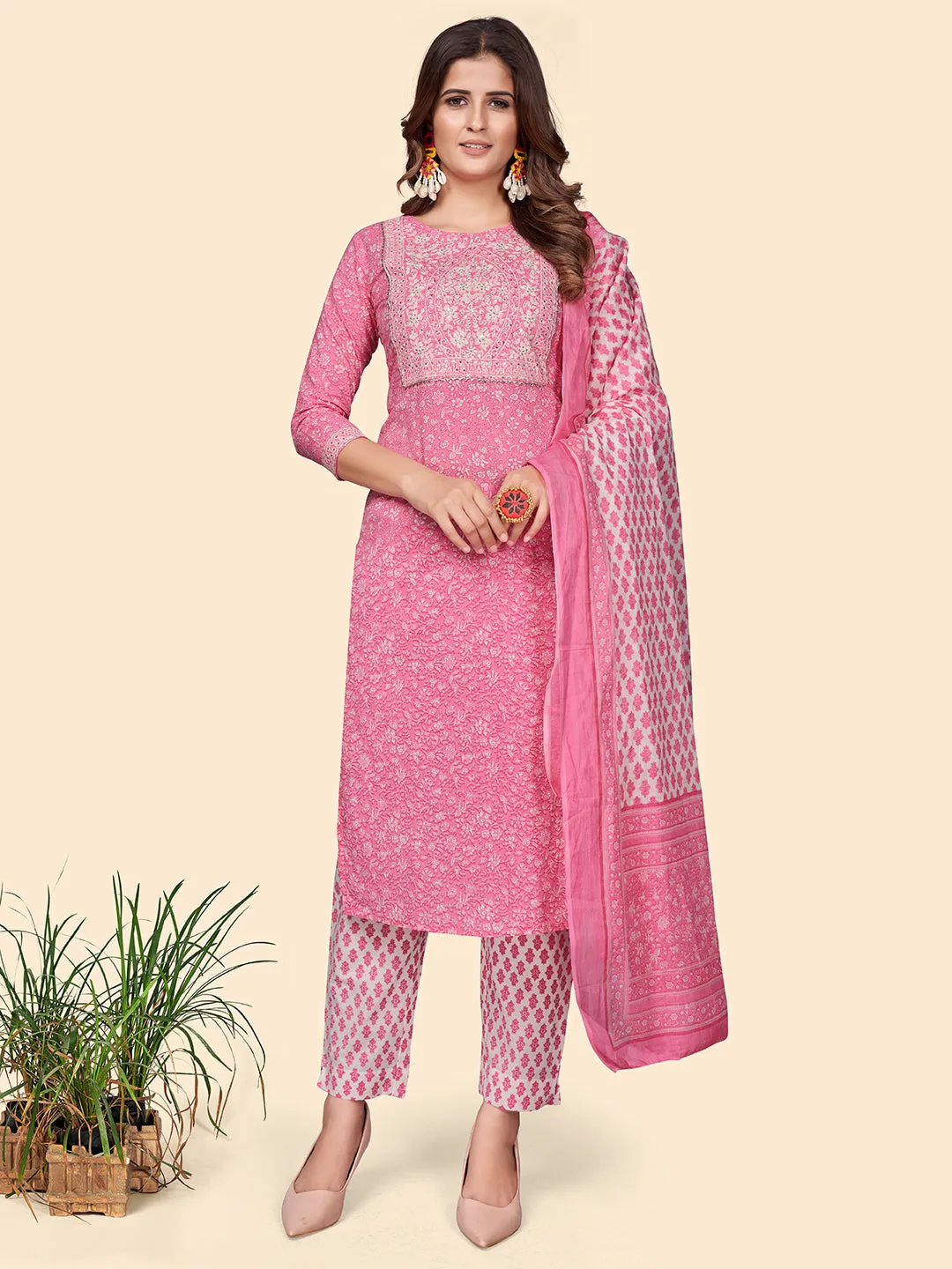 Women'S Print & Embroidered Straight Cotton Pink Stitched Kurta Pant With Dupatta