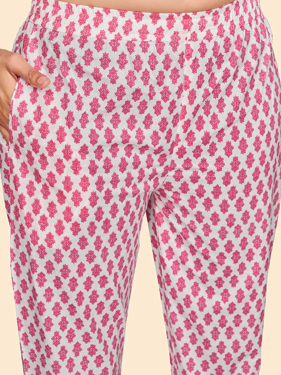 Women'S Print & Embroidered Straight Cotton Pink Stitched Kurta Pant With Dupatta