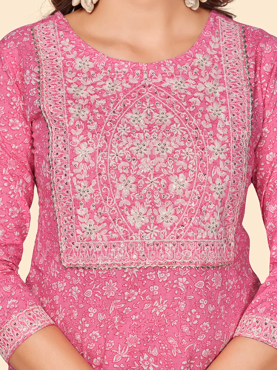 Women'S Print & Embroidered Straight Cotton Pink Stitched Kurta Pant With Dupatta