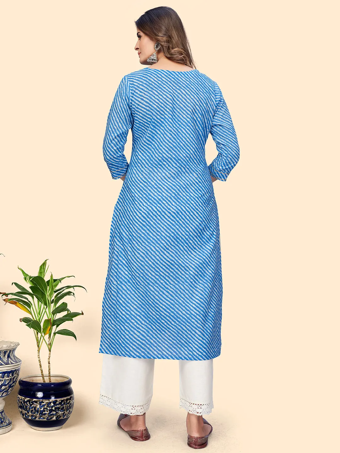 Women'S Print & Gota Work Straight Cotton Blue Stitched Kurta