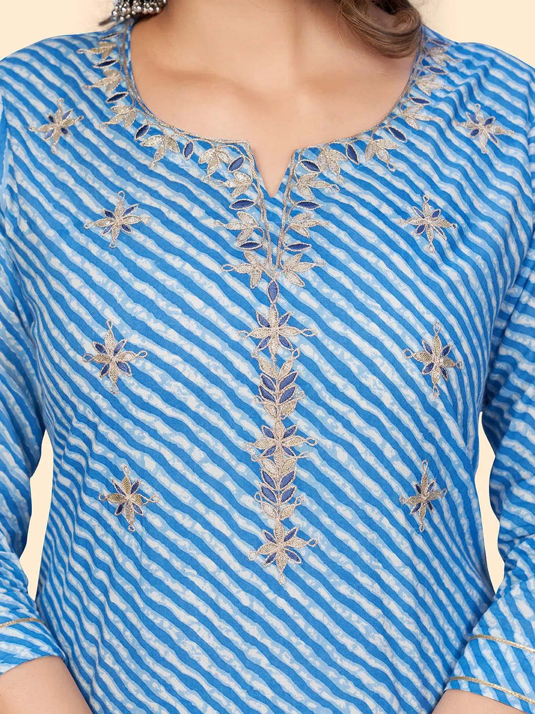 Women'S Print & Gota Work Straight Cotton Blue Stitched Kurta