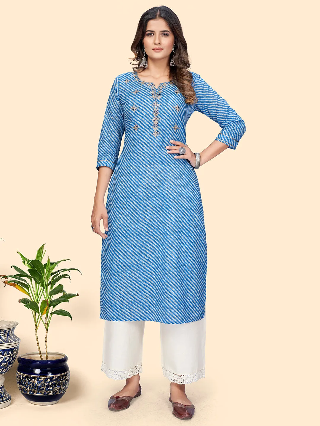 Women'S Print & Gota Work Straight Cotton Blue Stitched Kurta