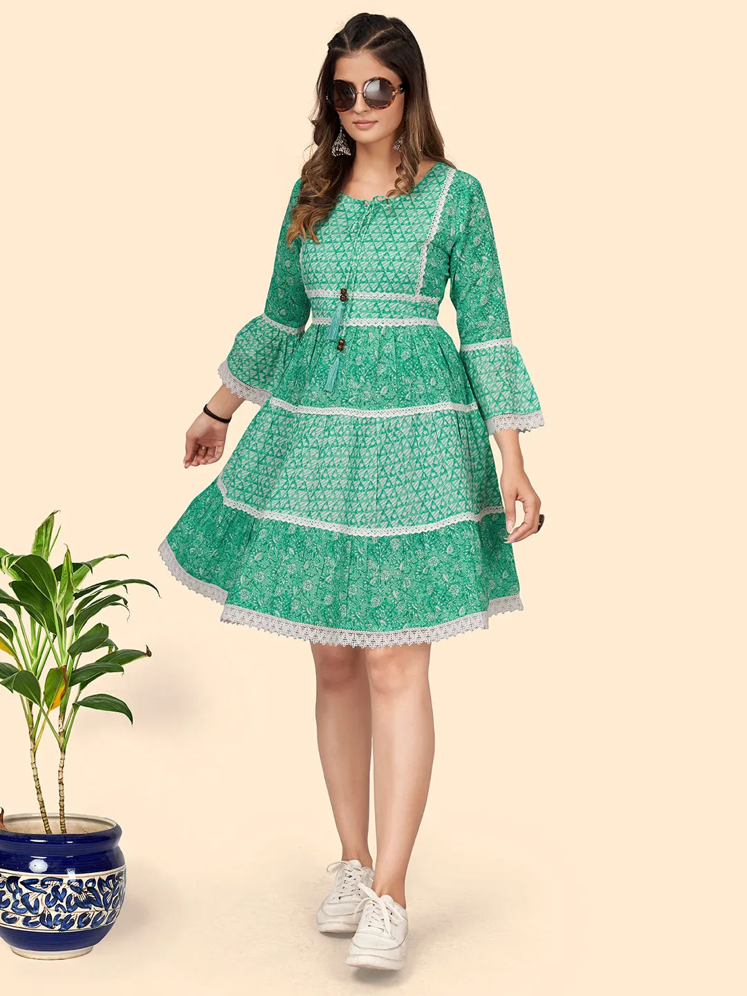 Women'S Print & Lace Work Flared Cotton Turquoise Stitched Dress