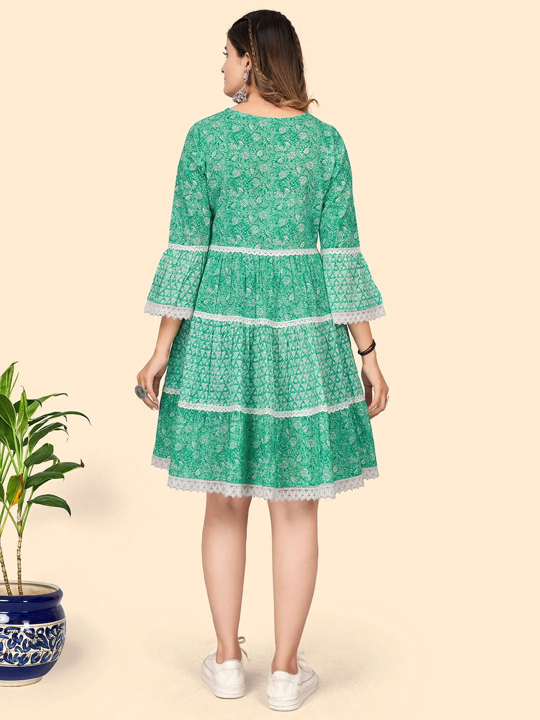 Women'S Print & Lace Work Flared Cotton Turquoise Stitched Dress