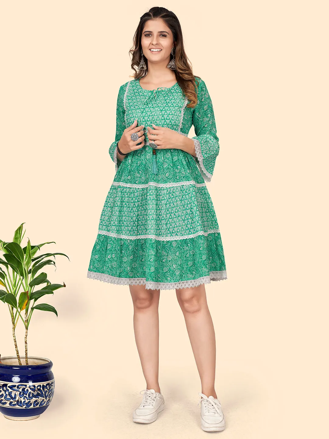 Women'S Print & Lace Work Flared Cotton Turquoise Stitched Dress