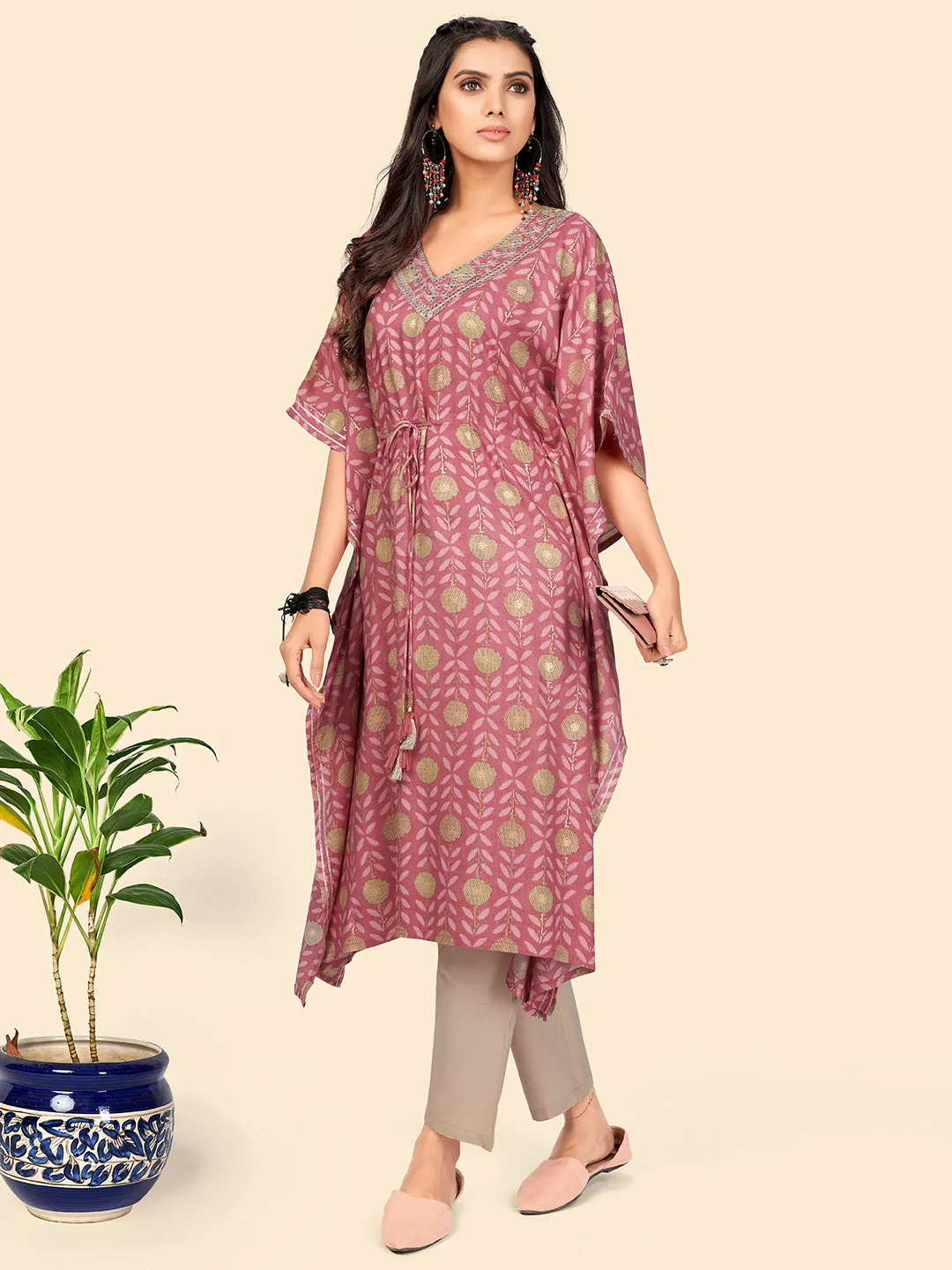 Women'S Print & Sequience  Muslin Pink Stitched Kaftan Kurta With Pant Set