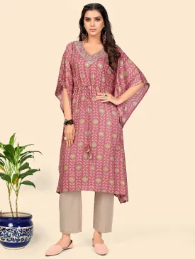 Women'S Print & Sequience  Muslin Pink Stitched Kaftan Kurta With Pant Set