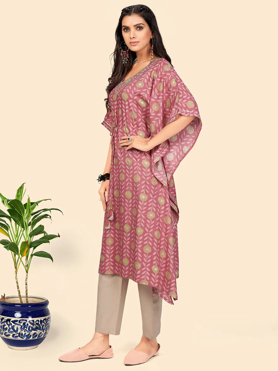 Women'S Print & Sequience  Muslin Pink Stitched Kaftan Kurta With Pant Set