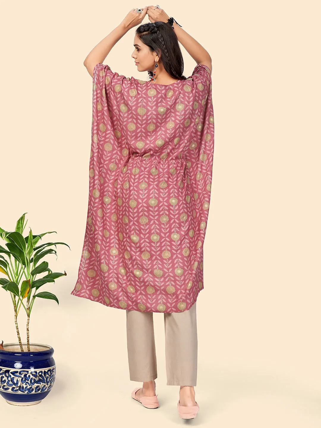 Women'S Print & Sequience  Muslin Pink Stitched Kaftan Kurta With Pant Set