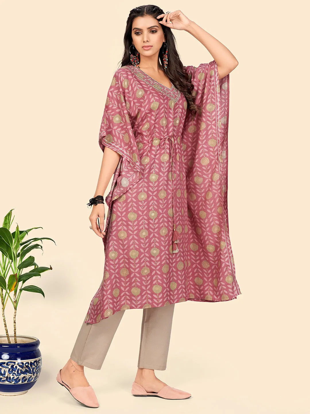 Women'S Print & Sequience  Muslin Pink Stitched Kaftan Kurta With Pant Set