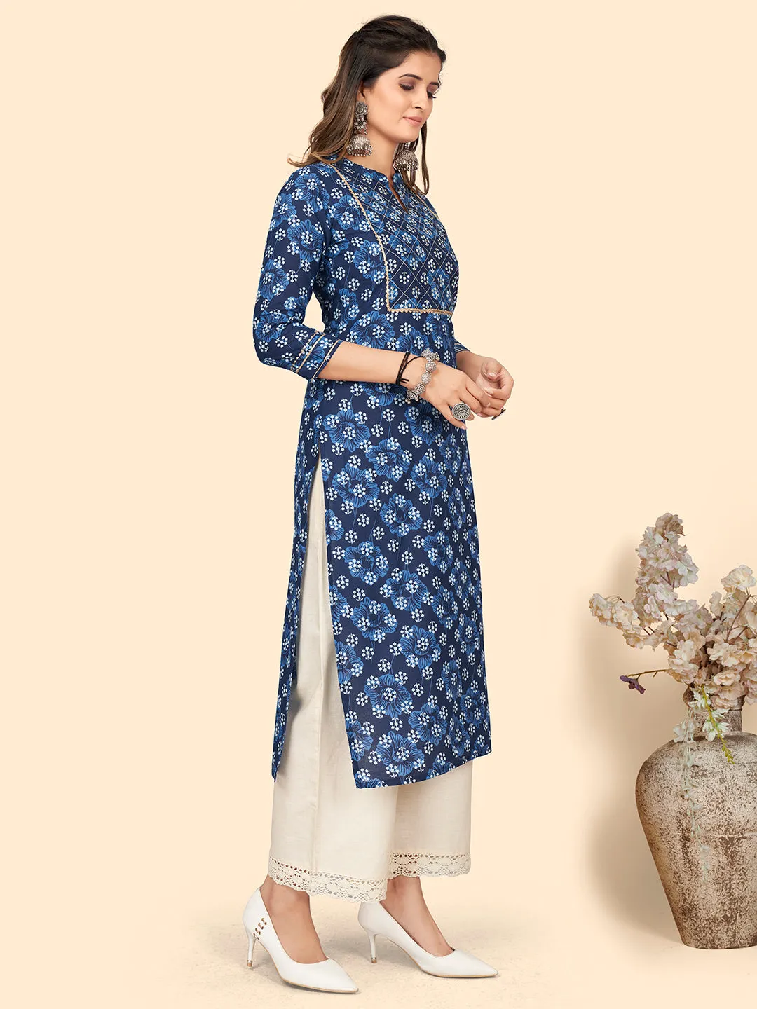 Women'S Print & Sequience Straight Cotton Blue Stitched Kurta