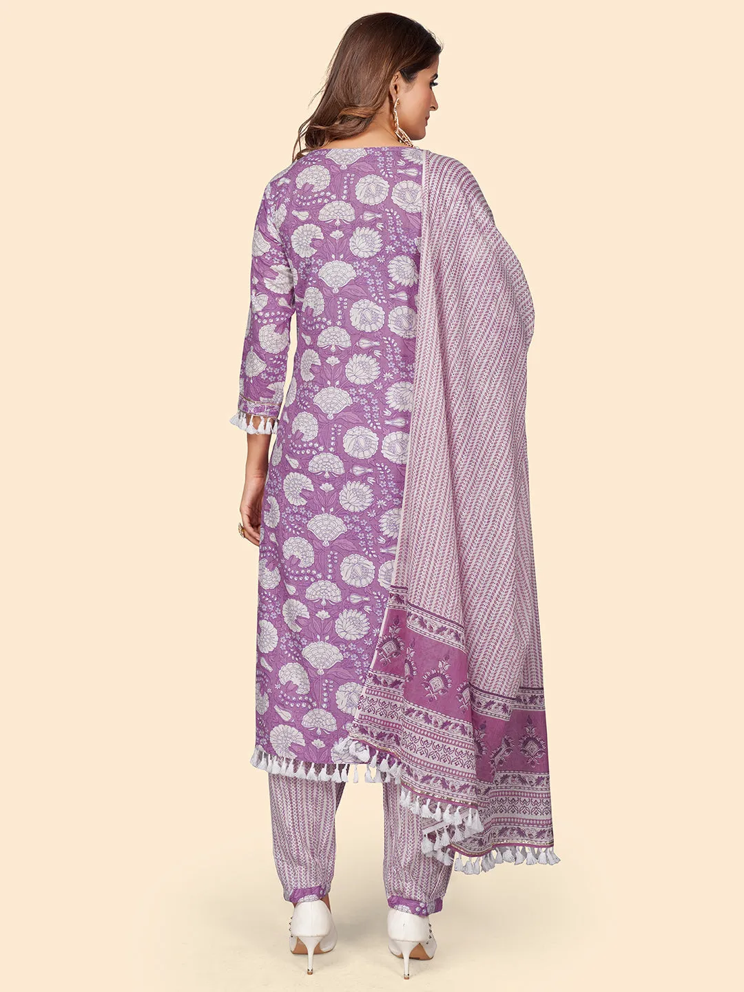 Women'S Print & Sequience Straight Cotton Lavender Stitched Kurta Pant With Dupatta