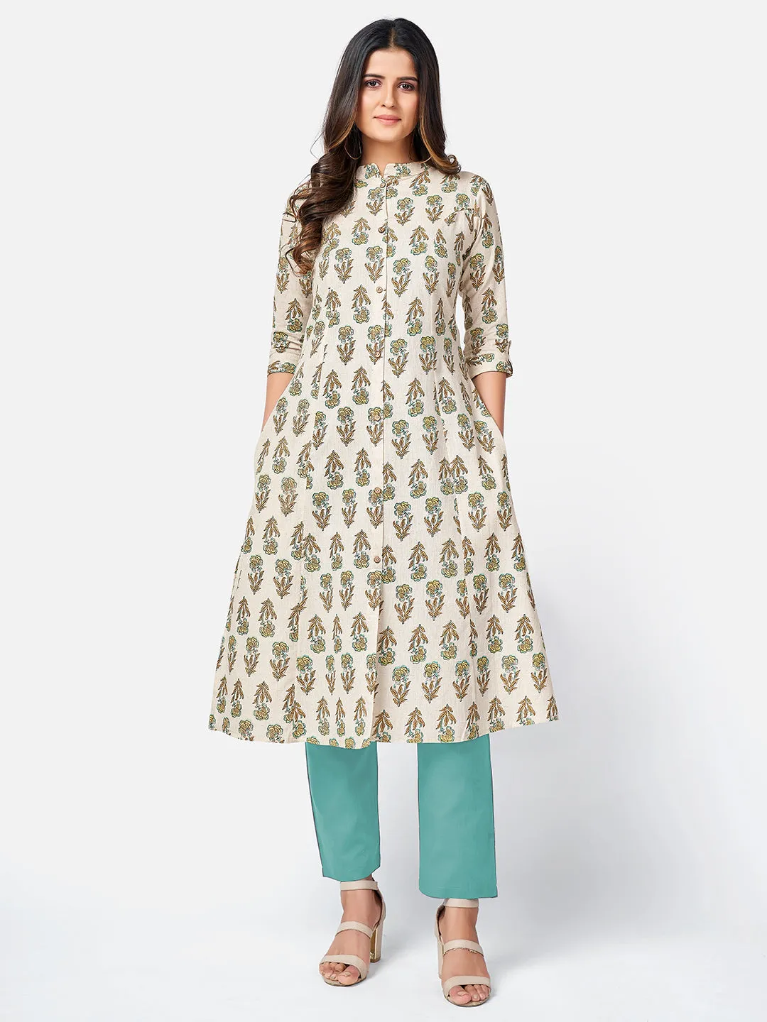 Women'S Printed A-Line Cotton Beige Kurta