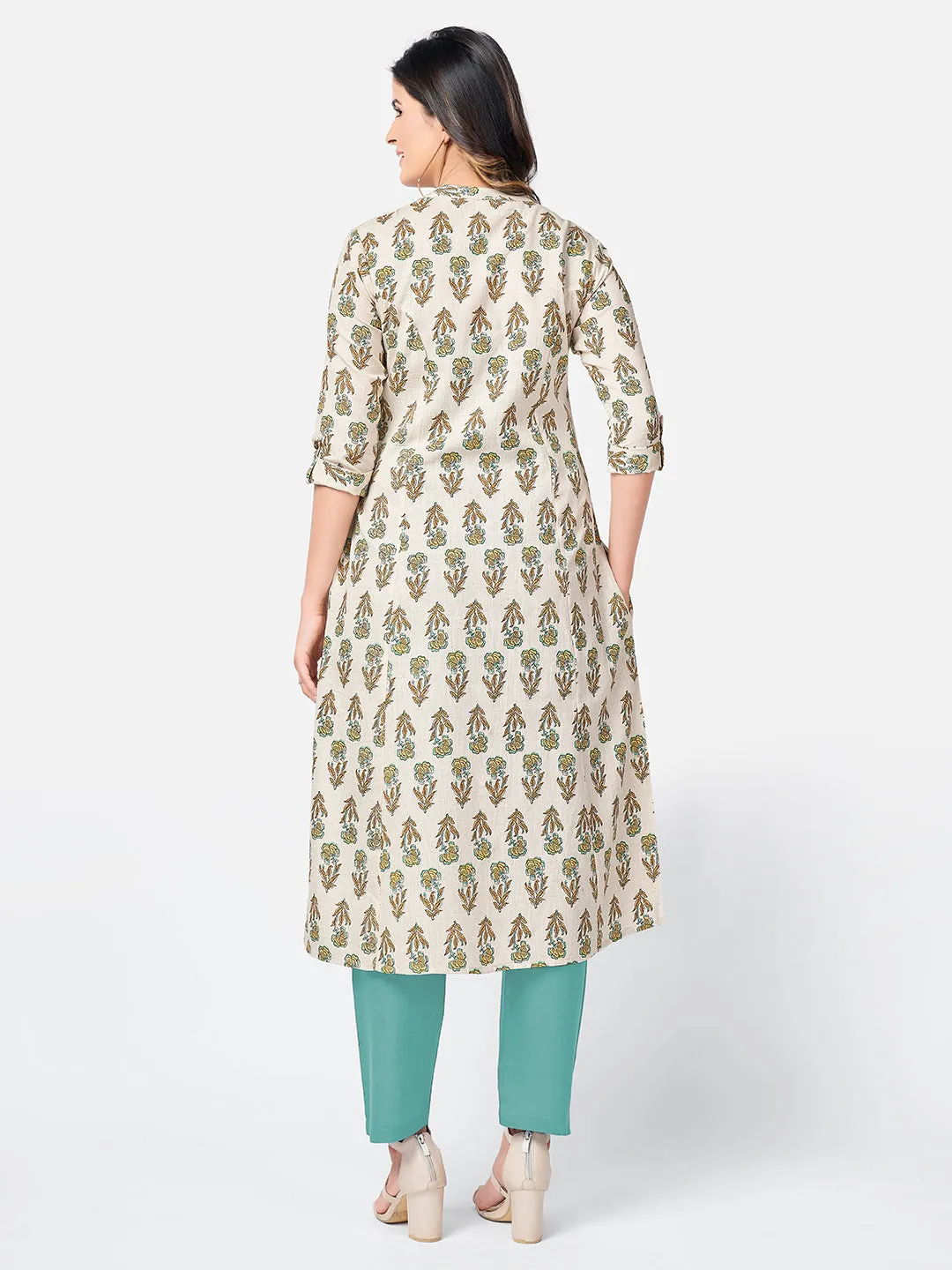 Women'S Printed A-Line Cotton Beige Kurta