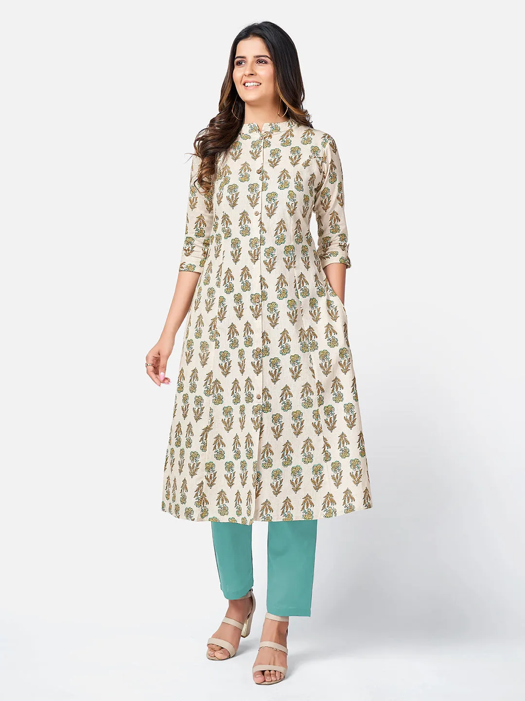 Women'S Printed A-Line Cotton Beige Kurta