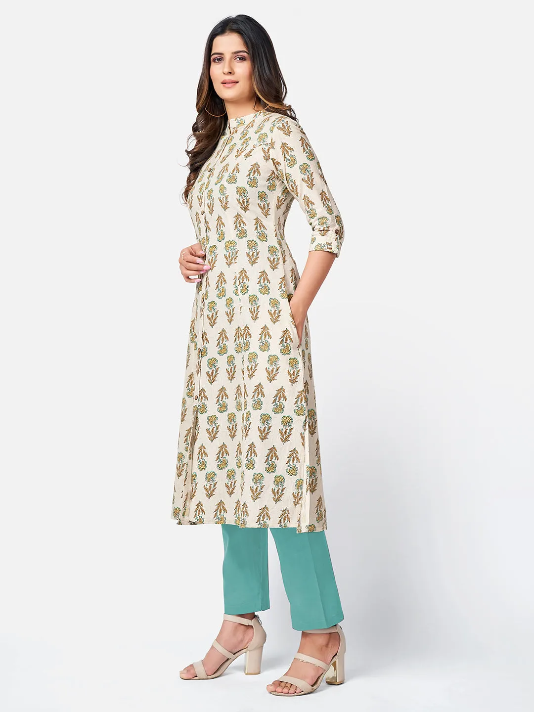 Women'S Printed A-Line Cotton Beige Kurta