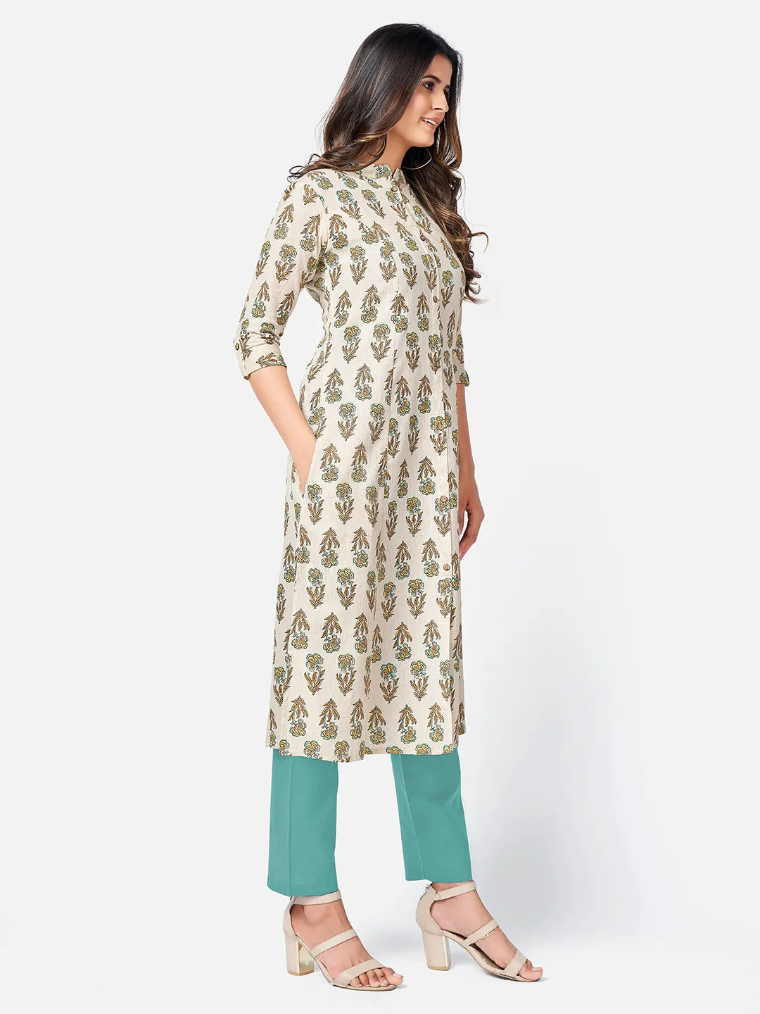 Women'S Printed A-Line Cotton Beige Kurta