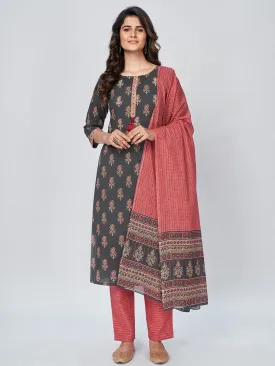 Women'S Printed & Embroidered Straight Cotton Grey Kurta Pant With Dupatta