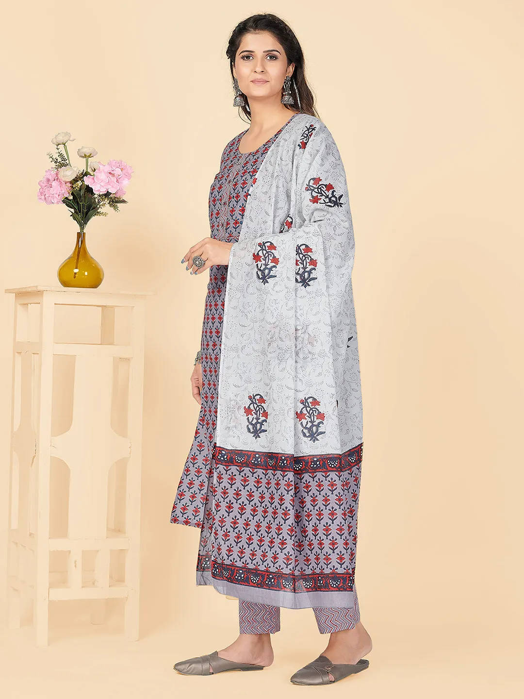 Women'S Printed & Embroidered Straight Cotton Lavender Stitched Kurta Pant With Dupatta