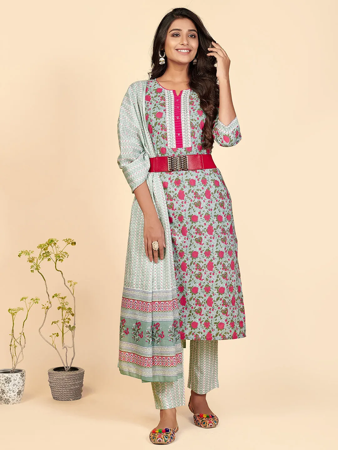 Women'S Printed & Embroidered Straight Cotton Pista Stitched Kurta Pant With Dupatta