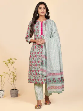 Women'S Printed & Embroidered Straight Cotton Pista Stitched Kurta Pant With Dupatta