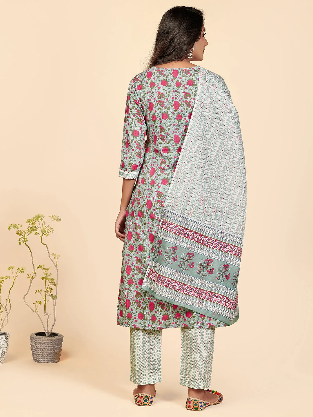 Women'S Printed & Embroidered Straight Cotton Pista Stitched Kurta Pant With Dupatta