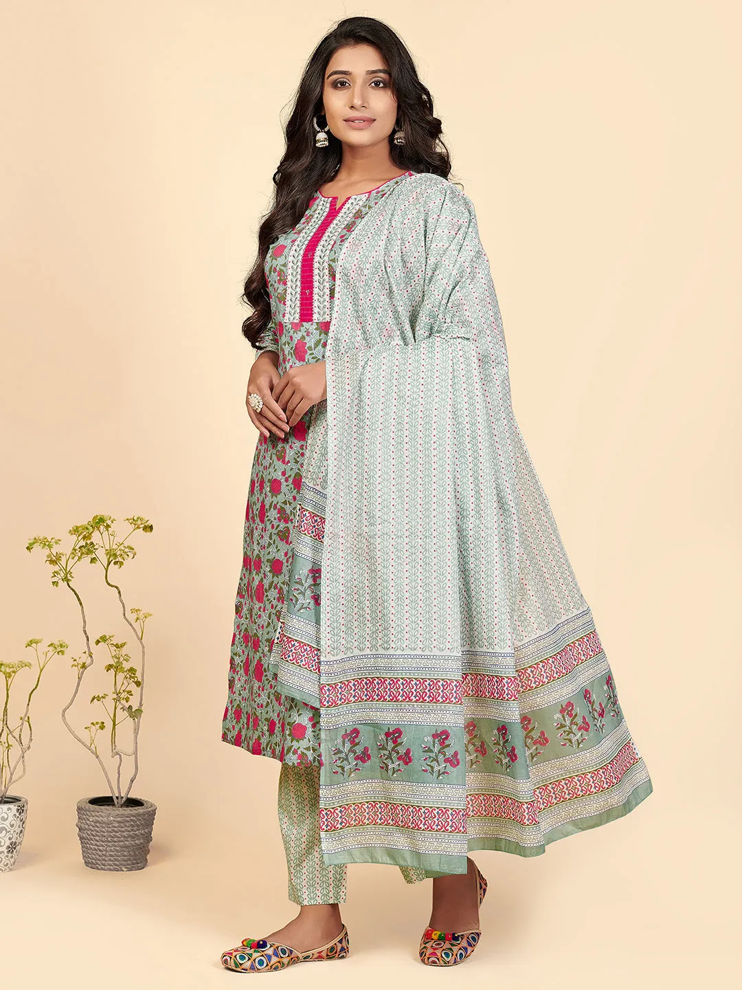 Women'S Printed & Embroidered Straight Cotton Pista Stitched Kurta Pant With Dupatta