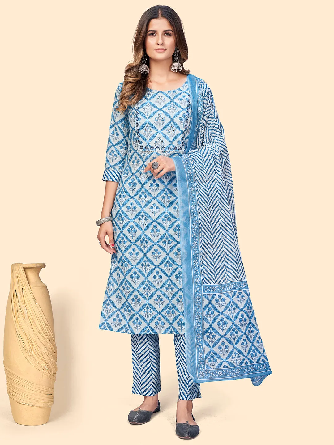 Women'S Printed & Embroidered Straight Cotton Sky Blue Stitched Kurta Pant With Dupatta