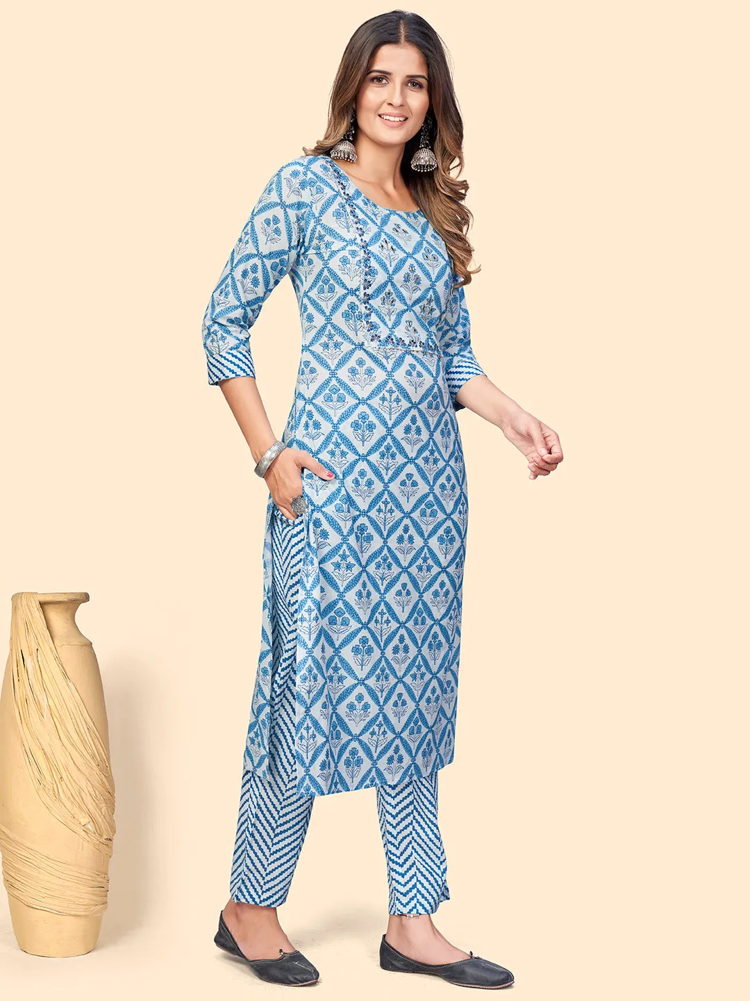 Women'S Printed & Embroidered Straight Cotton Sky Blue Stitched Kurta Pant With Dupatta