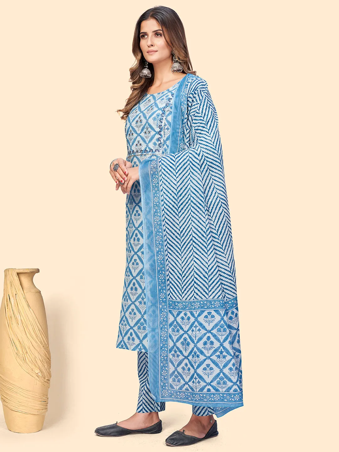 Women'S Printed & Embroidered Straight Cotton Sky Blue Stitched Kurta Pant With Dupatta