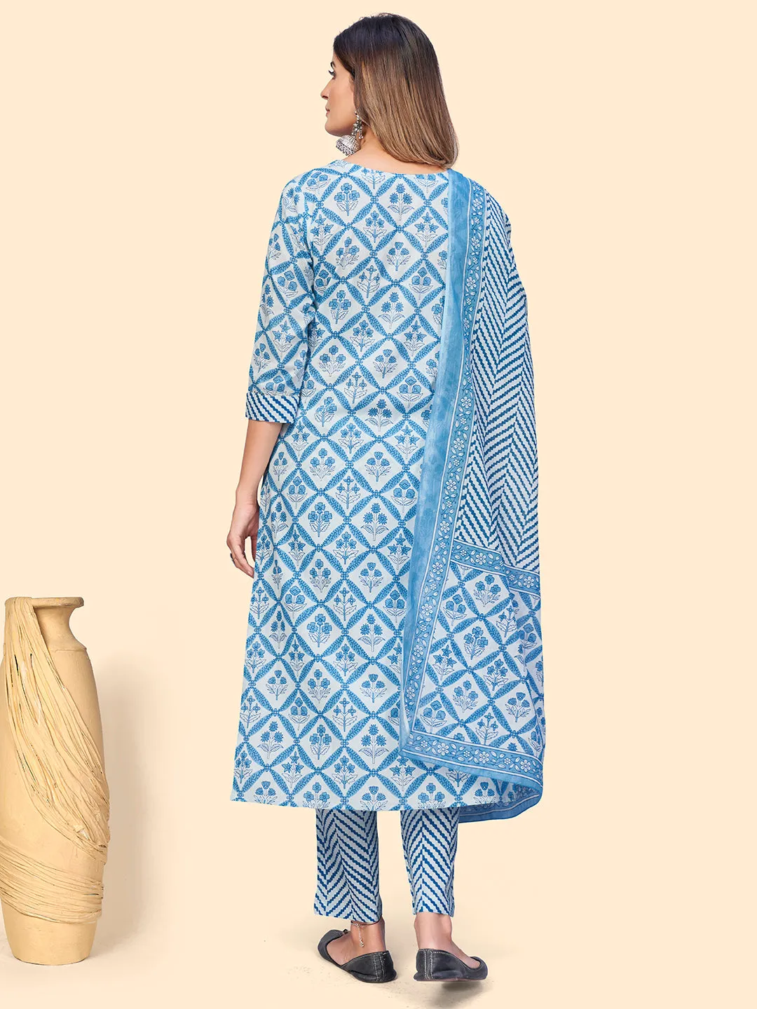 Women'S Printed & Embroidered Straight Cotton Sky Blue Stitched Kurta Pant With Dupatta