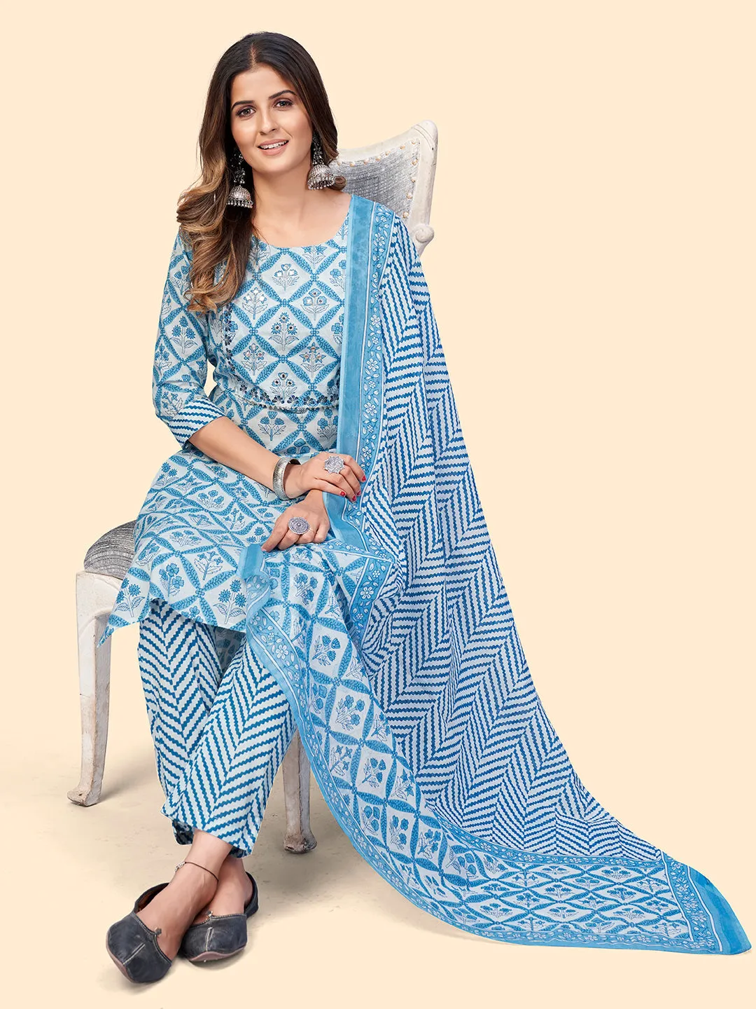 Women'S Printed & Embroidered Straight Cotton Sky Blue Stitched Kurta Pant With Dupatta