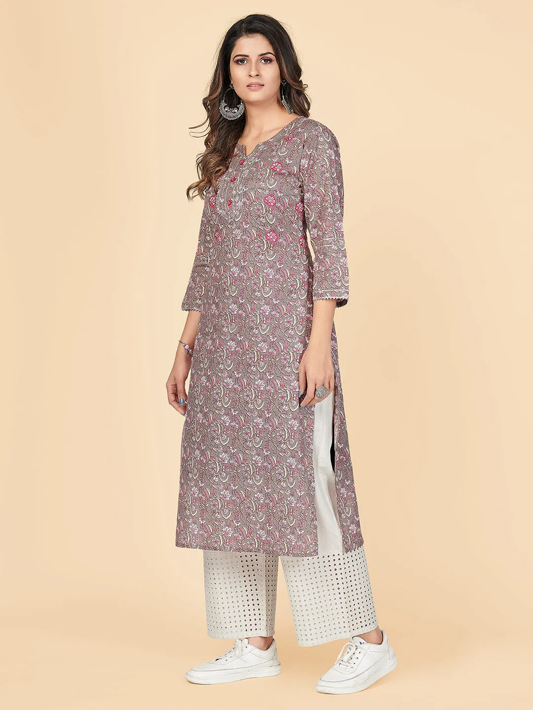 Women'S Printed & Gota Patti Straight Cotton Grey Stitched Kurta