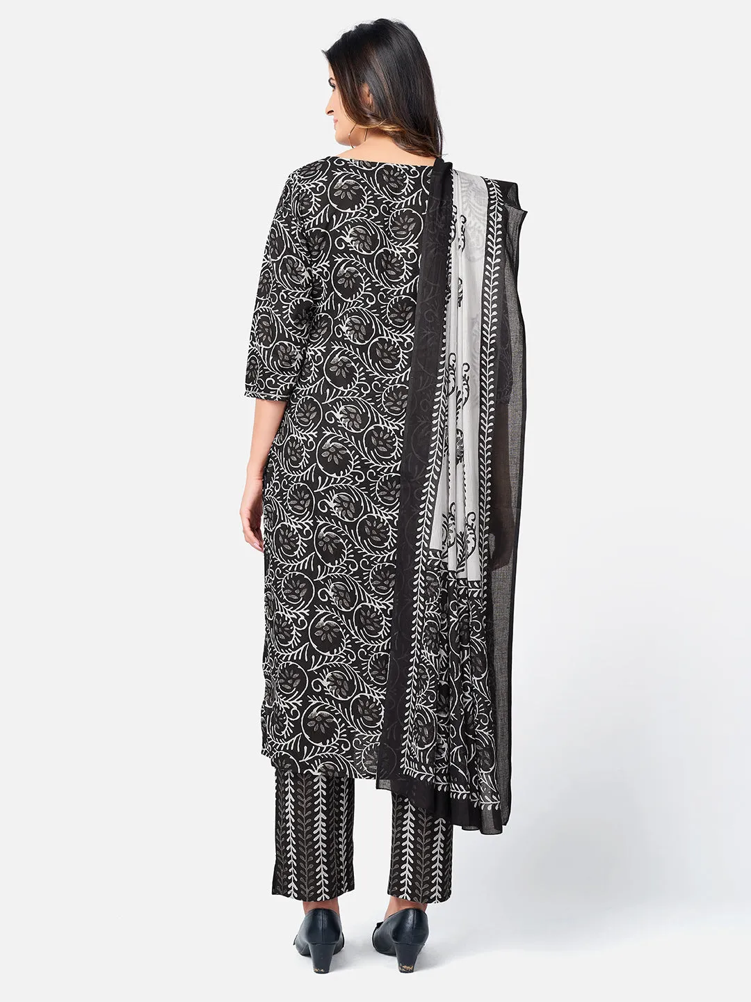 Women'S Printed & Gota Patti Work Straight Cotton Black Kurta Pant With Dupatta