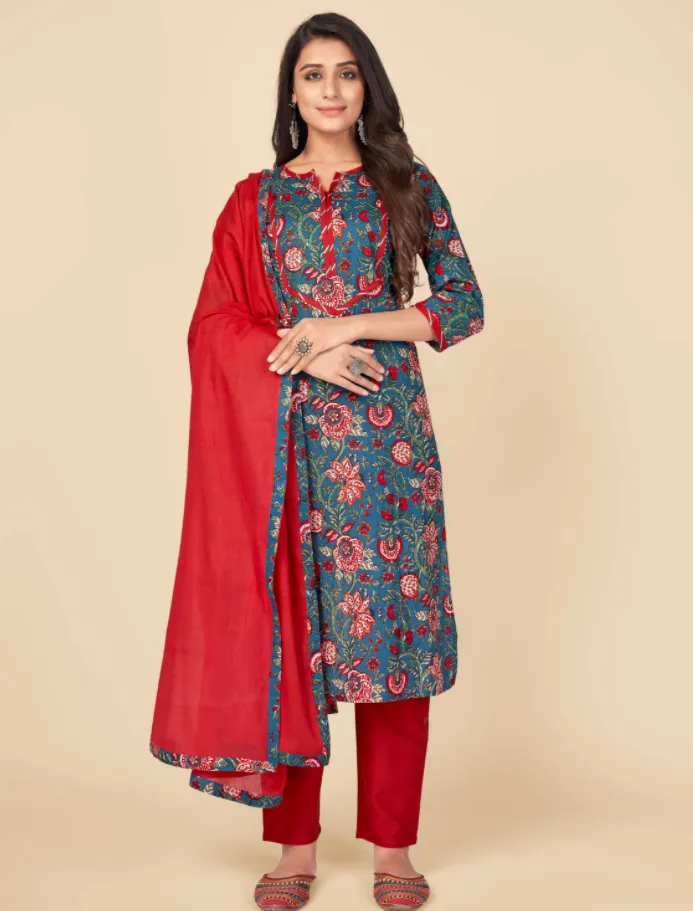 Women'S Printed & Gota Patti Work Straight Cotton Blue Kurta Pant With Dupatta (3Pcs Set)