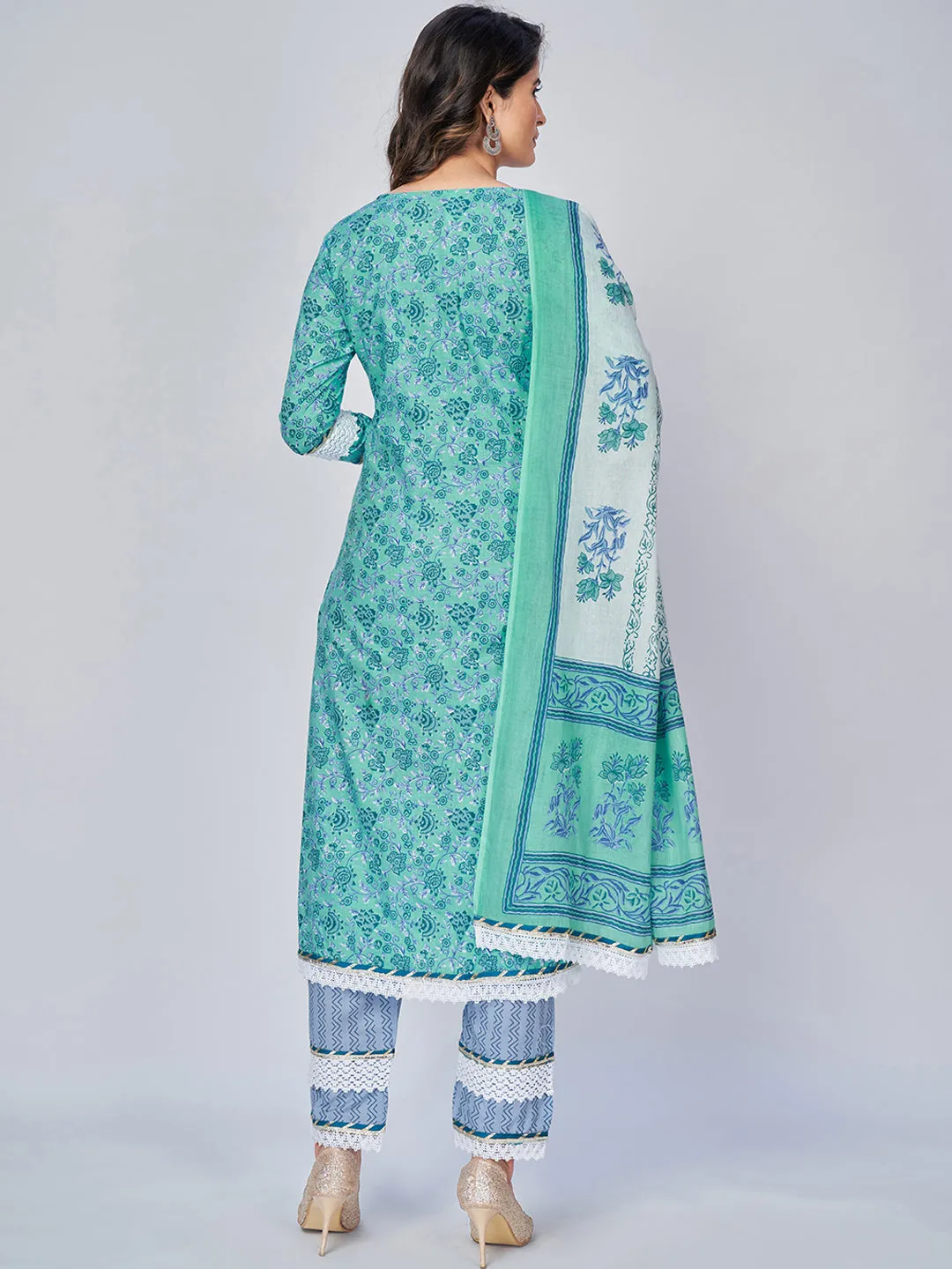 Women'S Printed & Lace Work Straight Cotton Aqua Kurta Pant With Dupatta