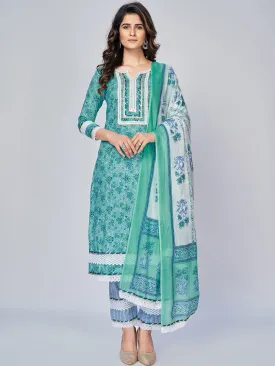 Women'S Printed & Lace Work Straight Cotton Aqua Kurta Pant With Dupatta