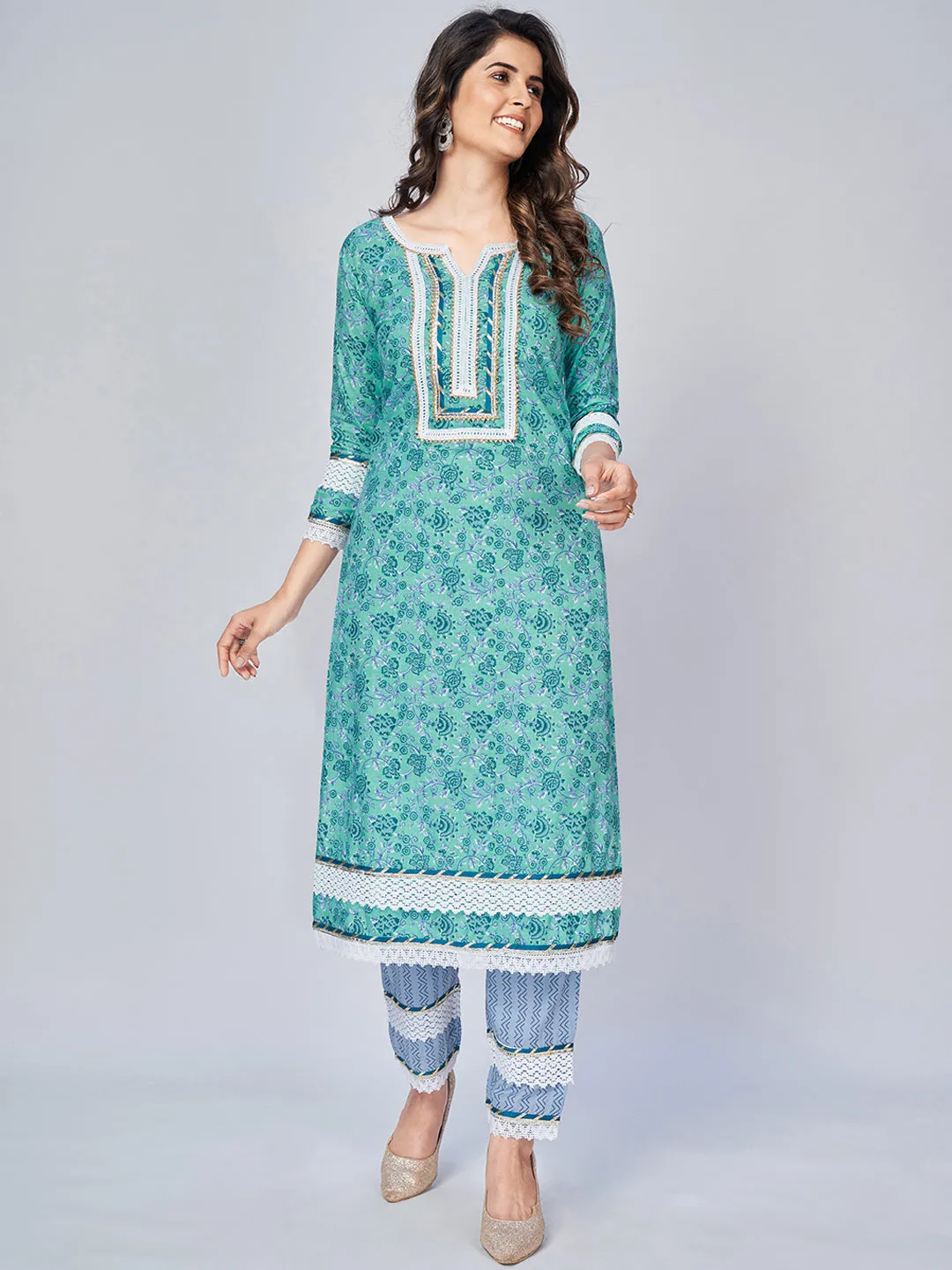 Women'S Printed & Lace Work Straight Cotton Aqua Kurta Pant With Dupatta