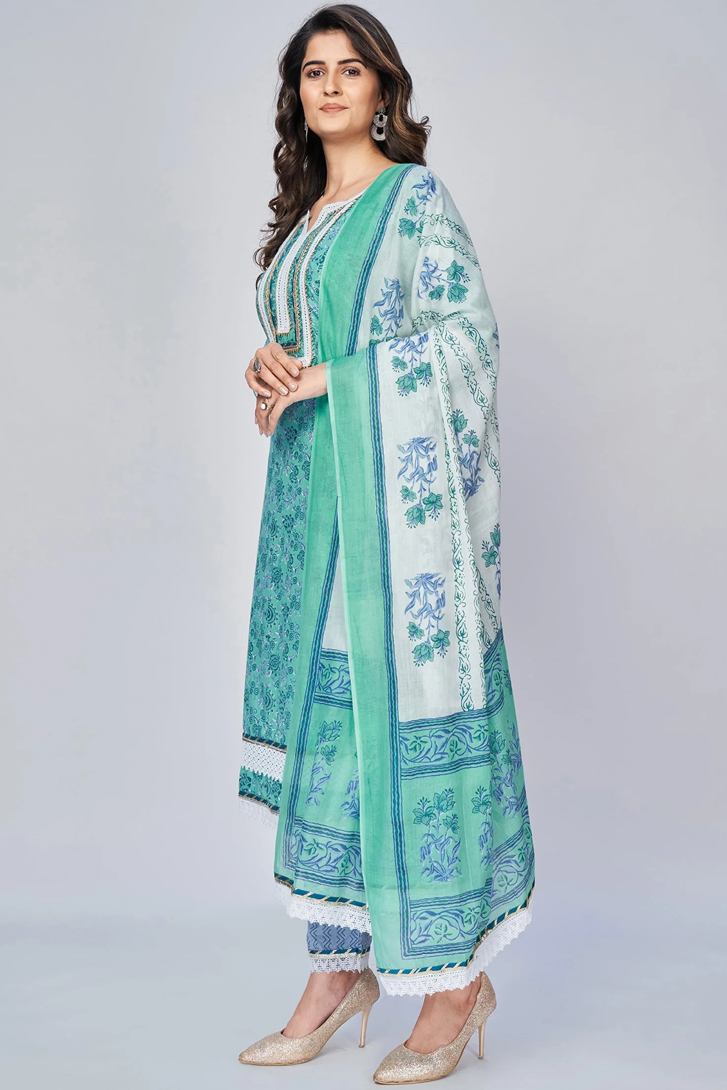 Women'S Printed & Lace Work Straight Cotton Aqua Kurta Pant With Dupatta